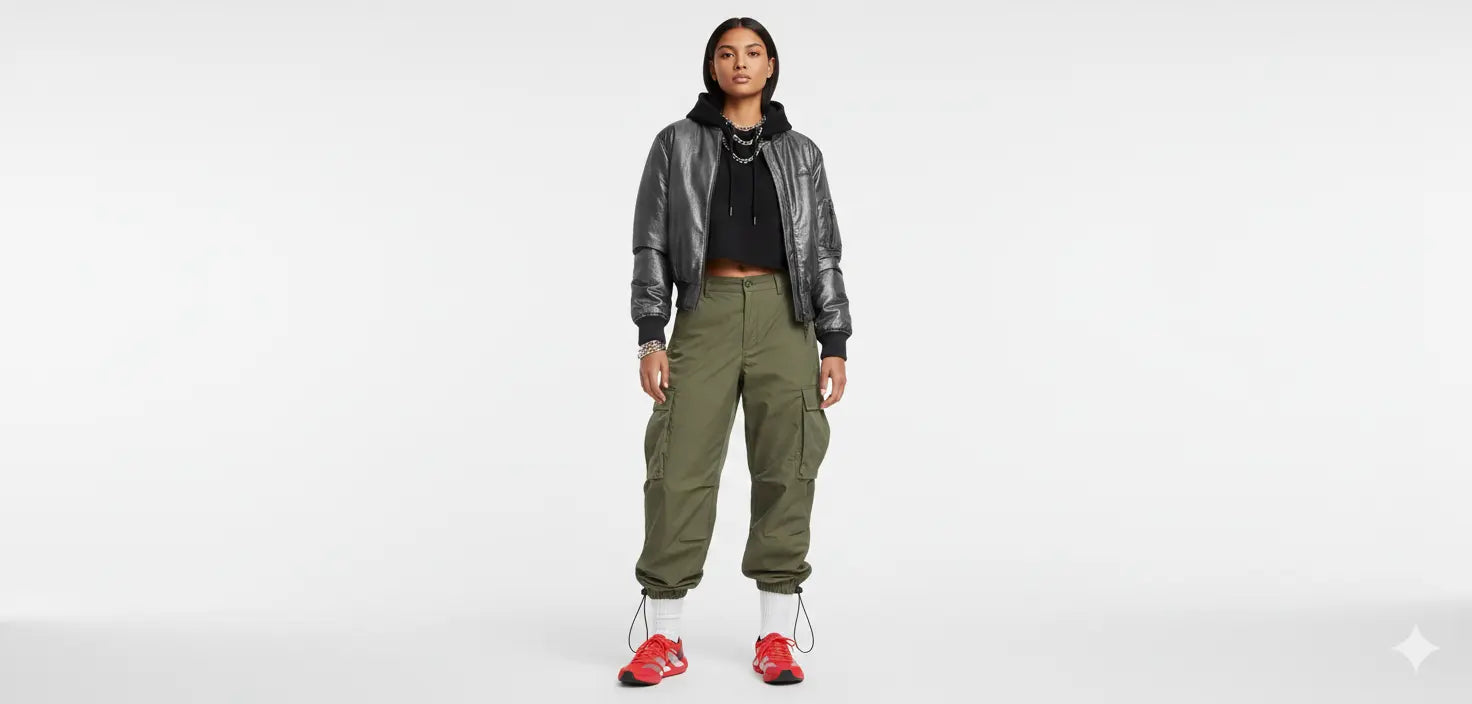 Person wearing a silver jacket, black shirt, and green cargo pants on a white background