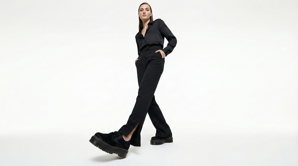 Person wearing a black outfit with black shoes on a white background
