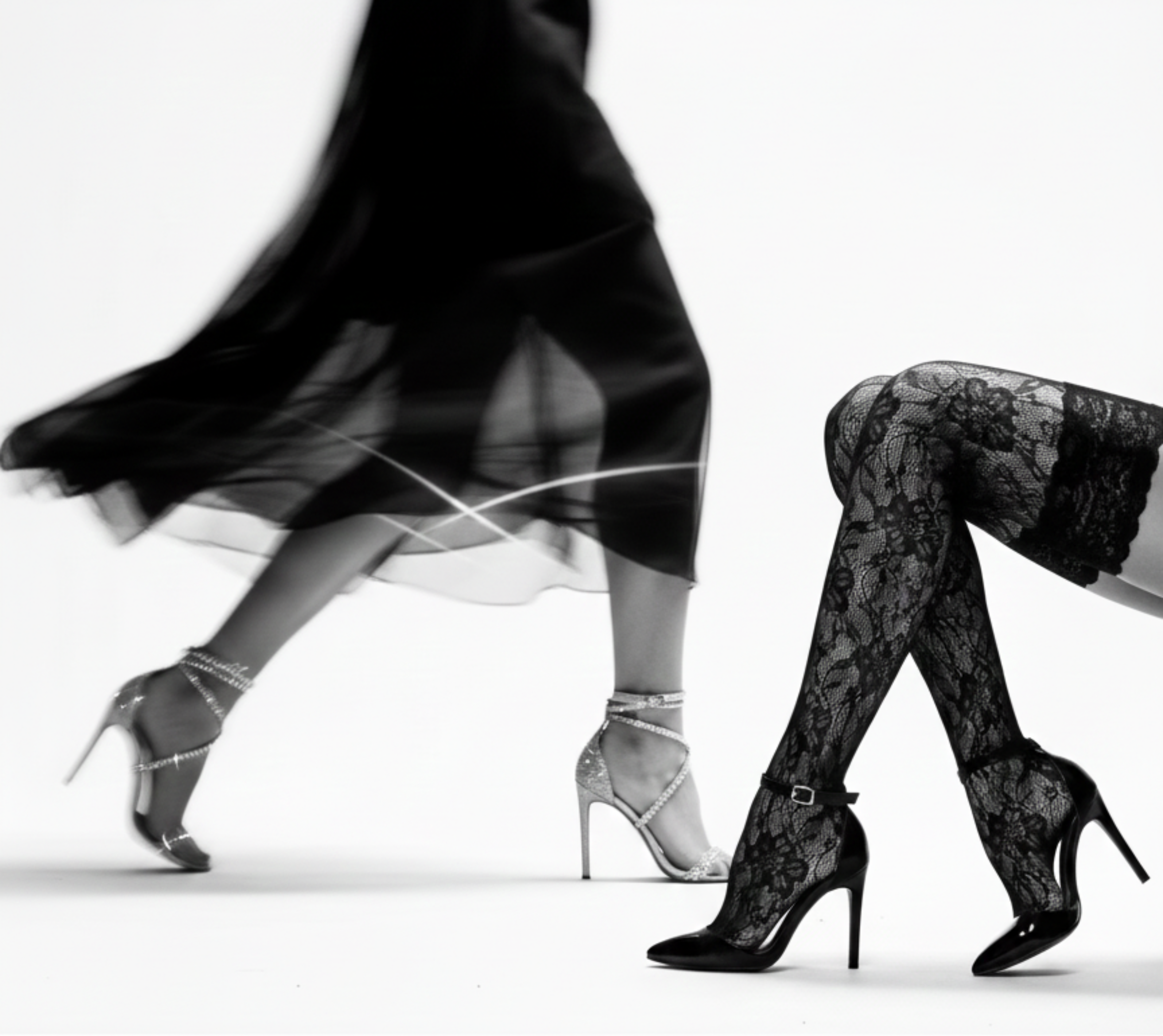 Black and white advertisement for high-heeled shoes with 'Elite Sole' branding.