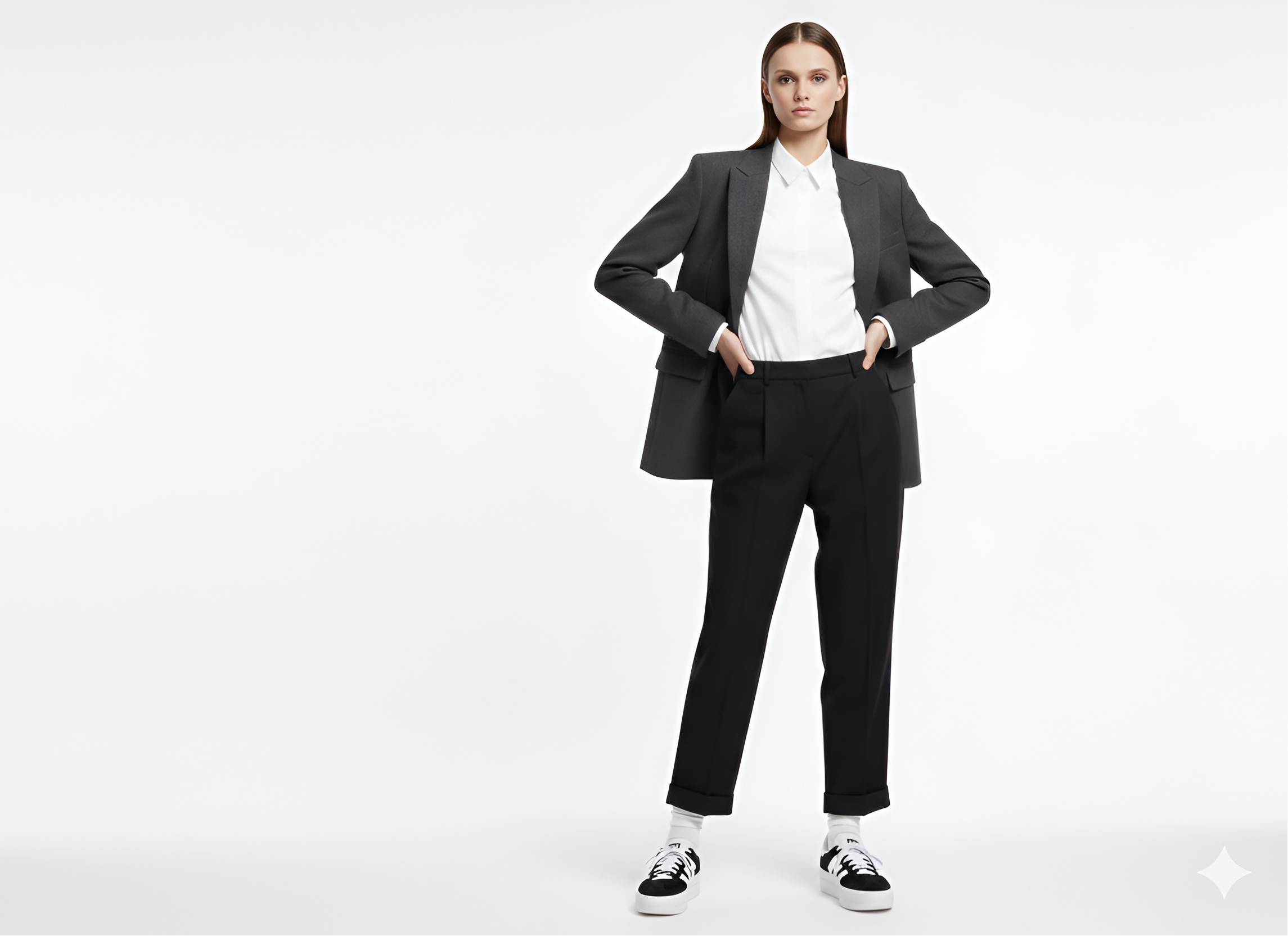 Person wearing a black suit and white shirt on a white background