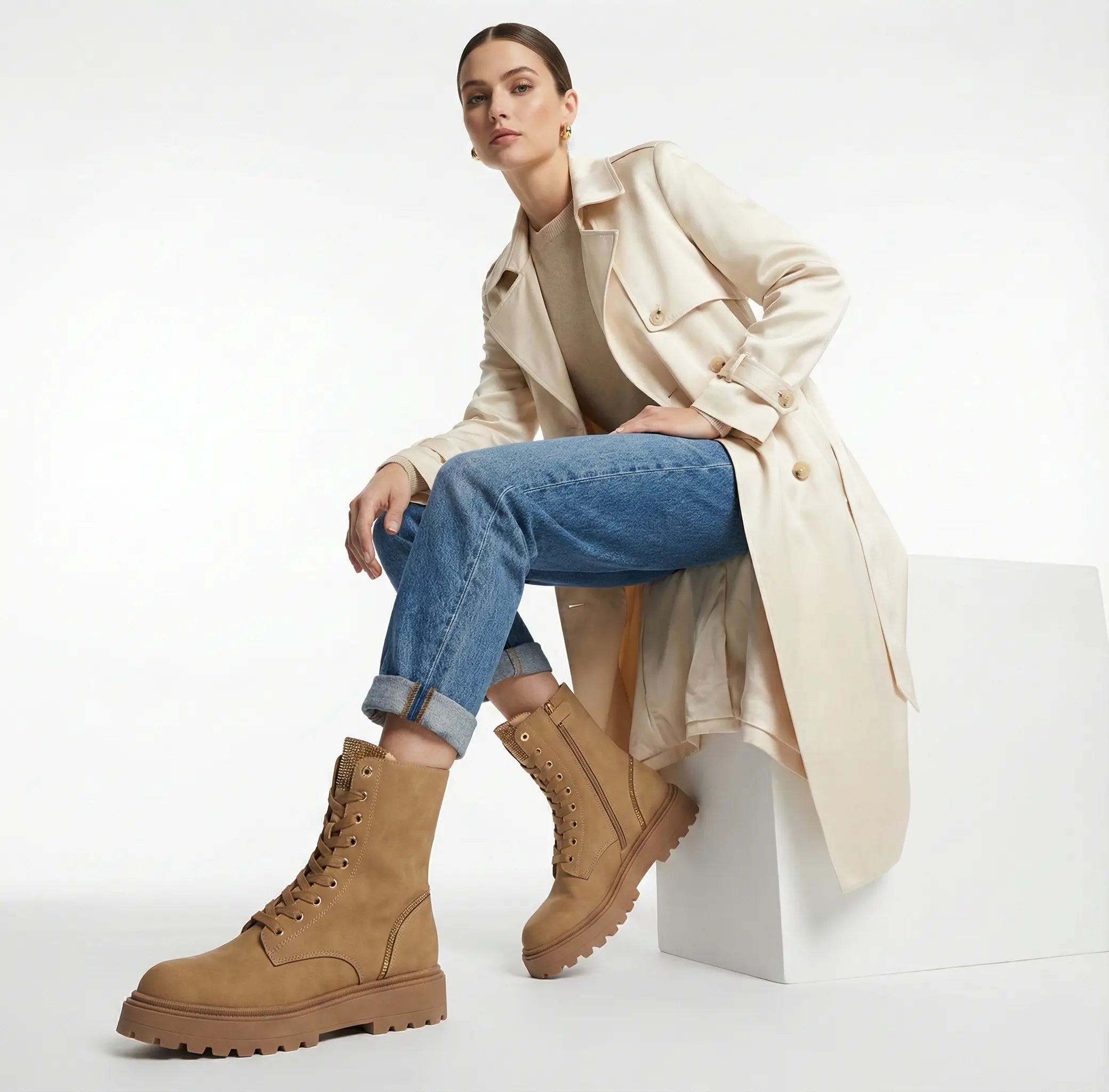 Woman wearing tan boots, blue jeans, and a beige trench coat sitting on a white stool.