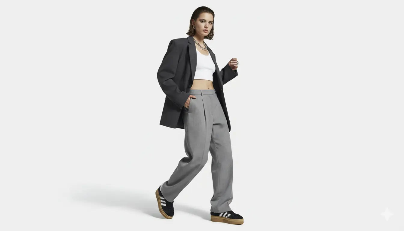 Woman wearing a black blazer, white top, gray pants, and black sneakers on a white background