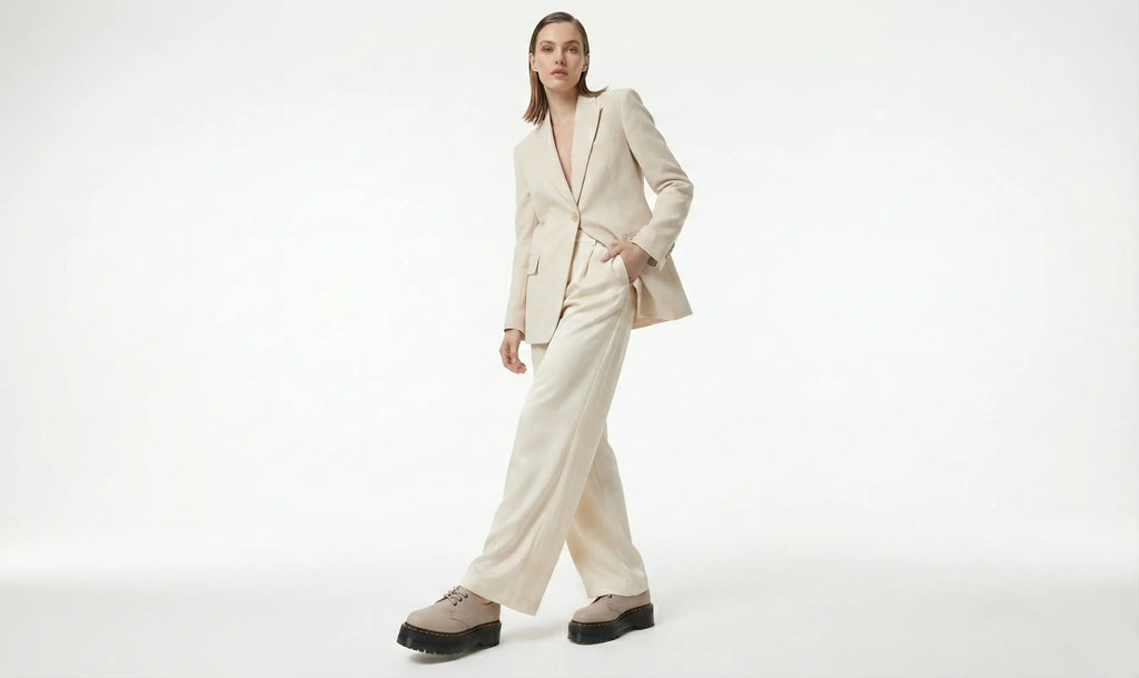 Woman wearing a beige suit on a white background