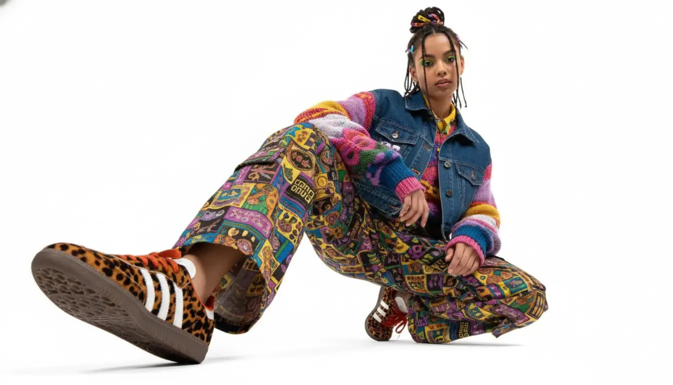 Person wearing a colorful outfit with patterned pants and a jacket, sitting on a white background.