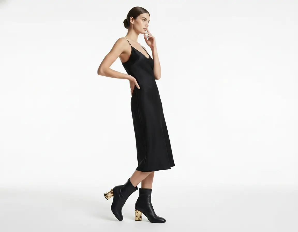 Woman wearing a black dress and black boots on a white background