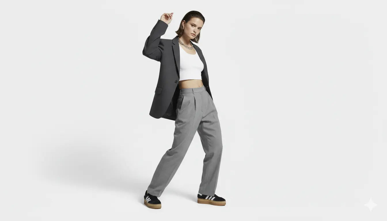 Woman wearing a gray blazer and gray pants on a white background