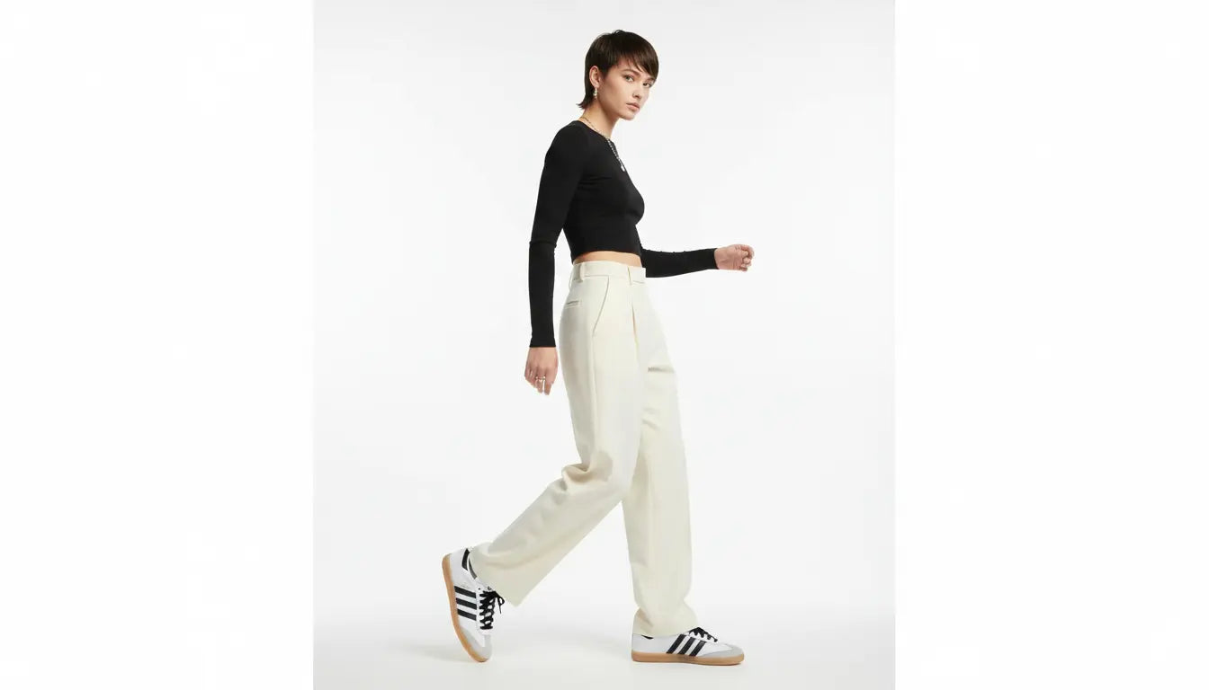 Person wearing a black top and white pants with Adidas shoes on a white background