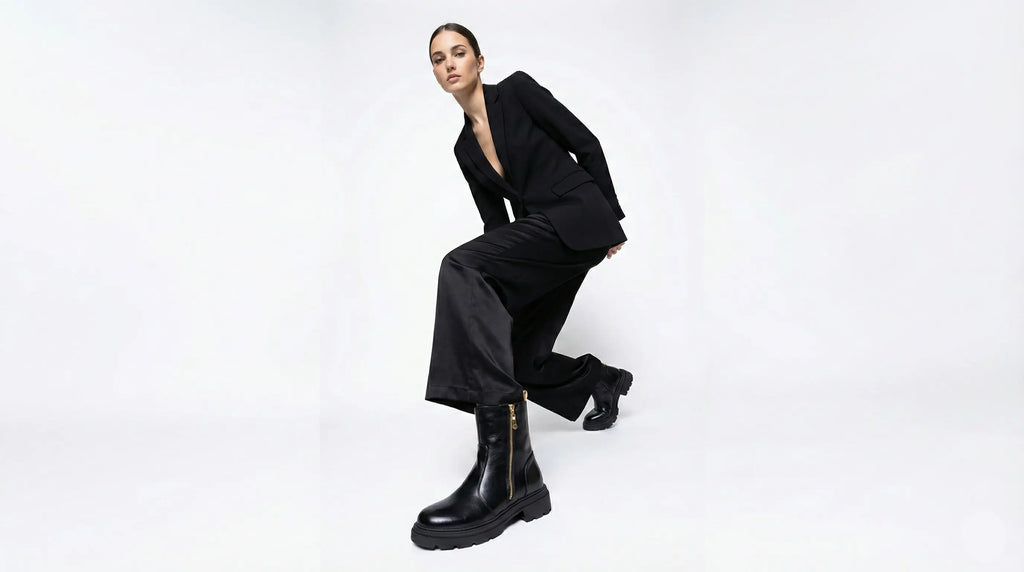 Person wearing a black suit and boots on a white background