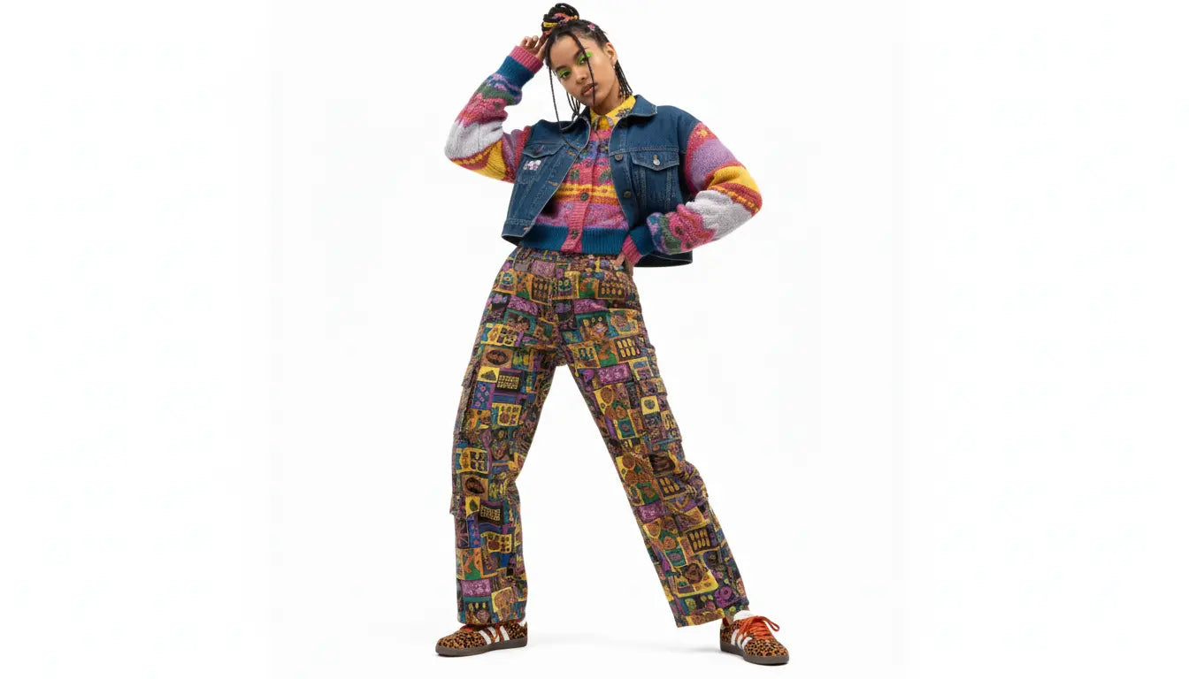 Person wearing a colorful outfit with a denim jacket and patterned pants on a white background